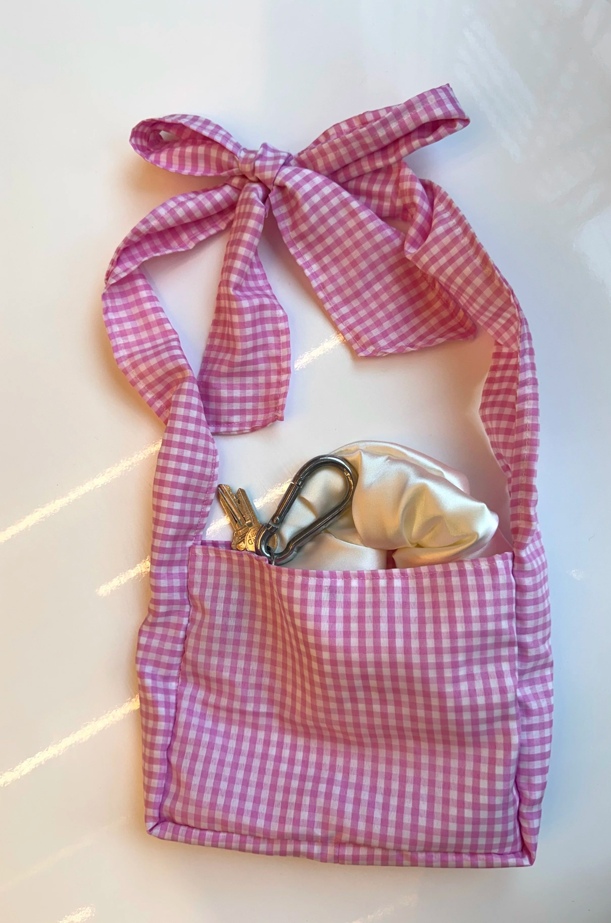Pink Gingham Bow-Strap Bag